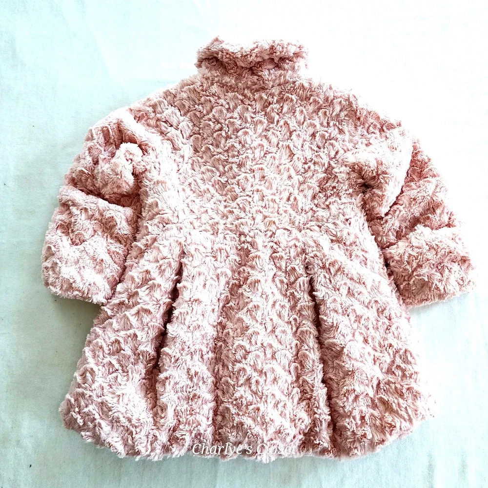 Juicy Couture Kids Pink Rosette Peplum Babydoll Faux Fur Logo Plate Coat Sz.‎ 6